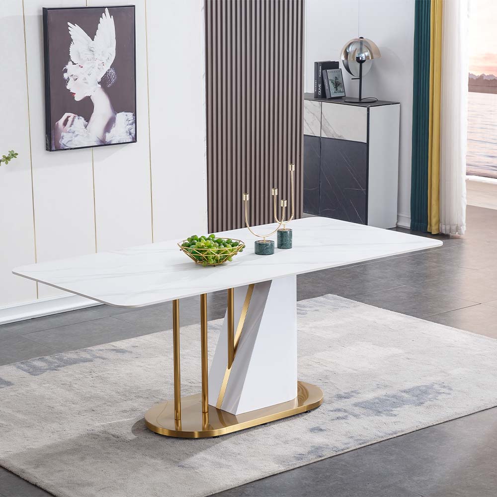 Front view of Lunara white rectangular dining table with stainless steel legs in a modern dining room