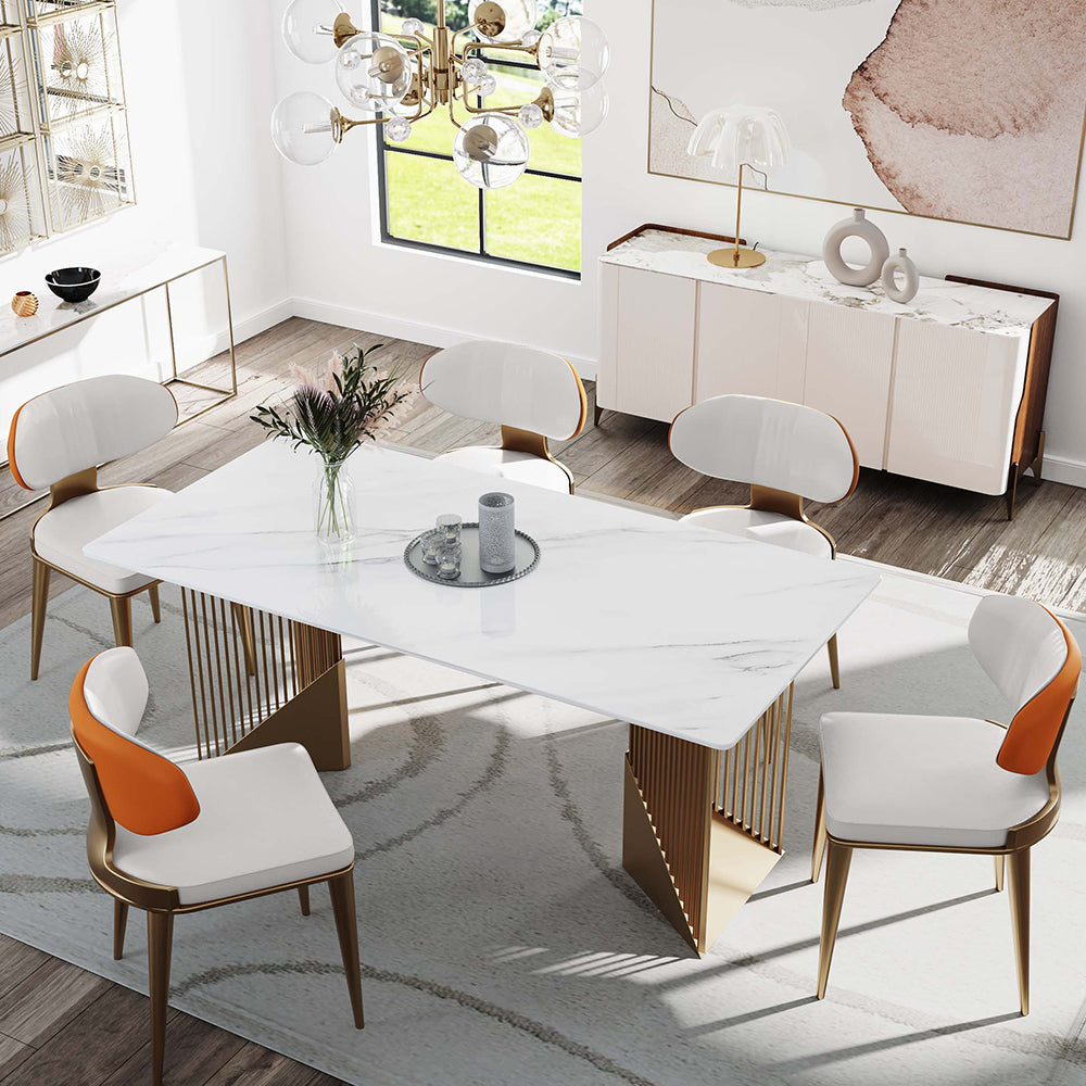 Elegant golden base minimalist dining table showcasing its sleek design and spacious surface.