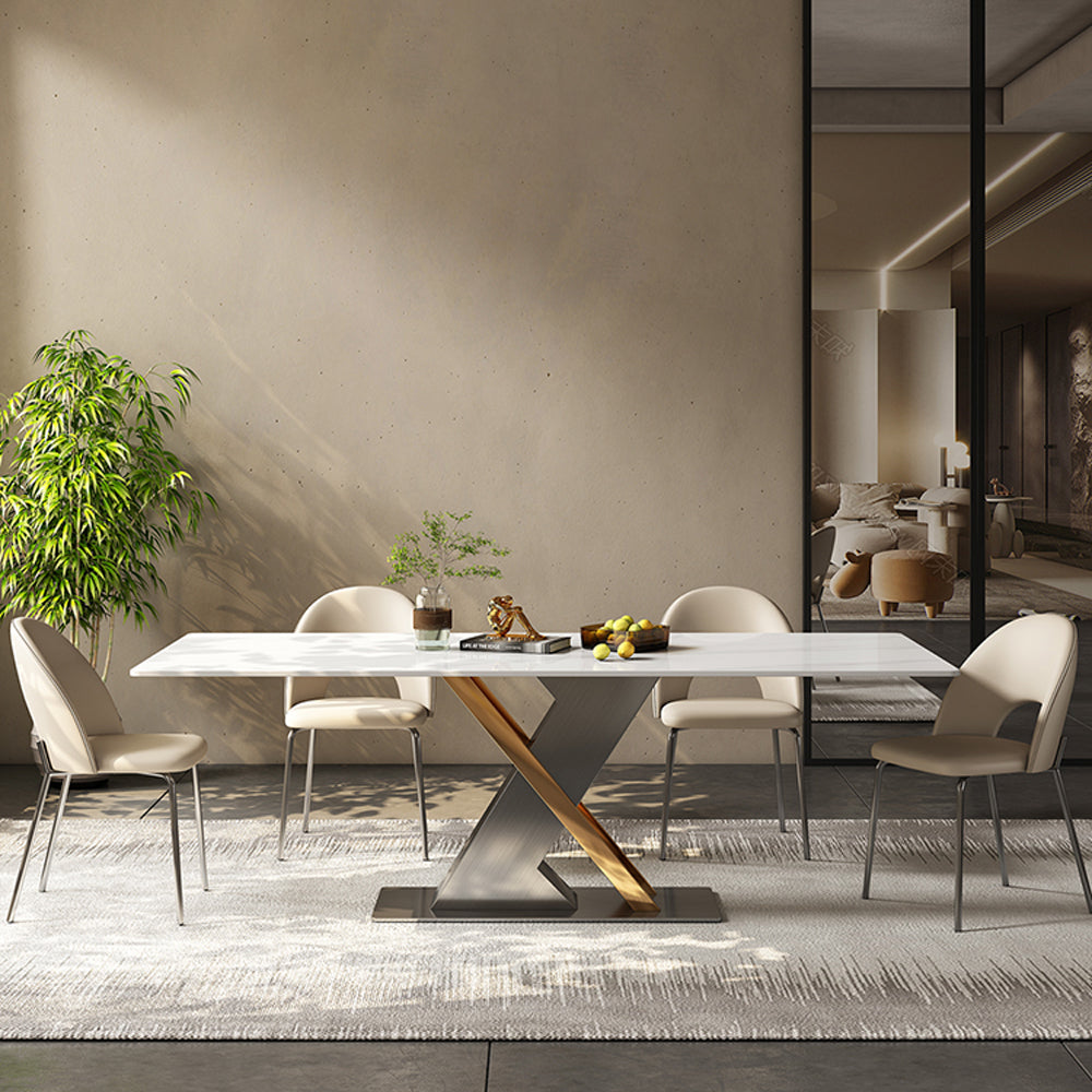 A side view of the white rectangular marble dining table showcasing its sleek design and steel base.