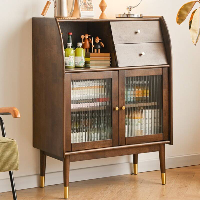 Front view of the dark brown sideboard cabinet with glass doors and drawers