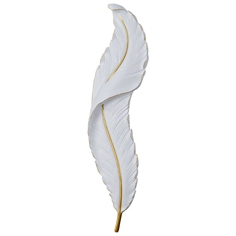 Close-up view of the modern wall sconce showcasing the feather design.