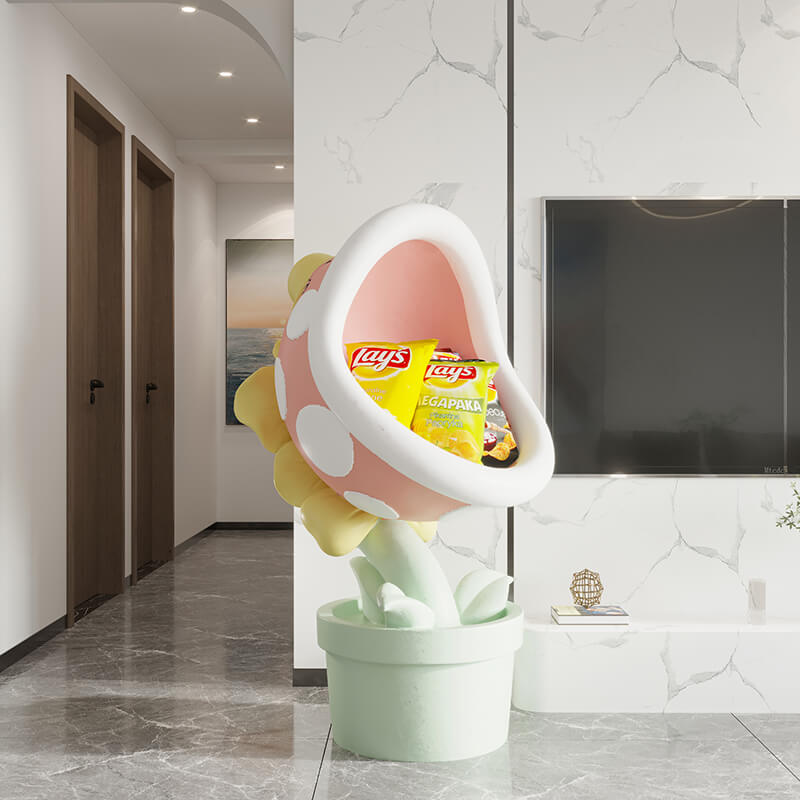 Charming resin cartoon flower pot statue showcasing colorful design and storage for snacks.