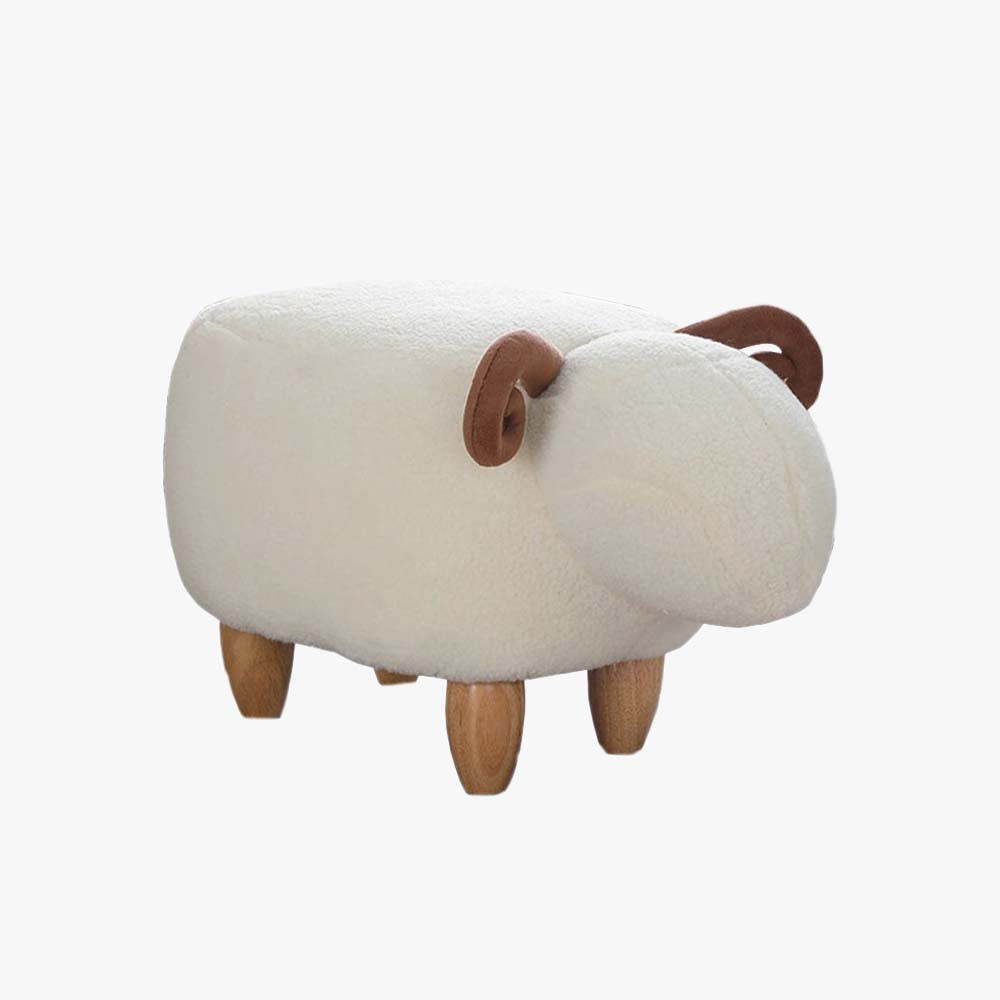 Front view of the Charming Sheep Footstool showcasing its soft lamb fleece material.