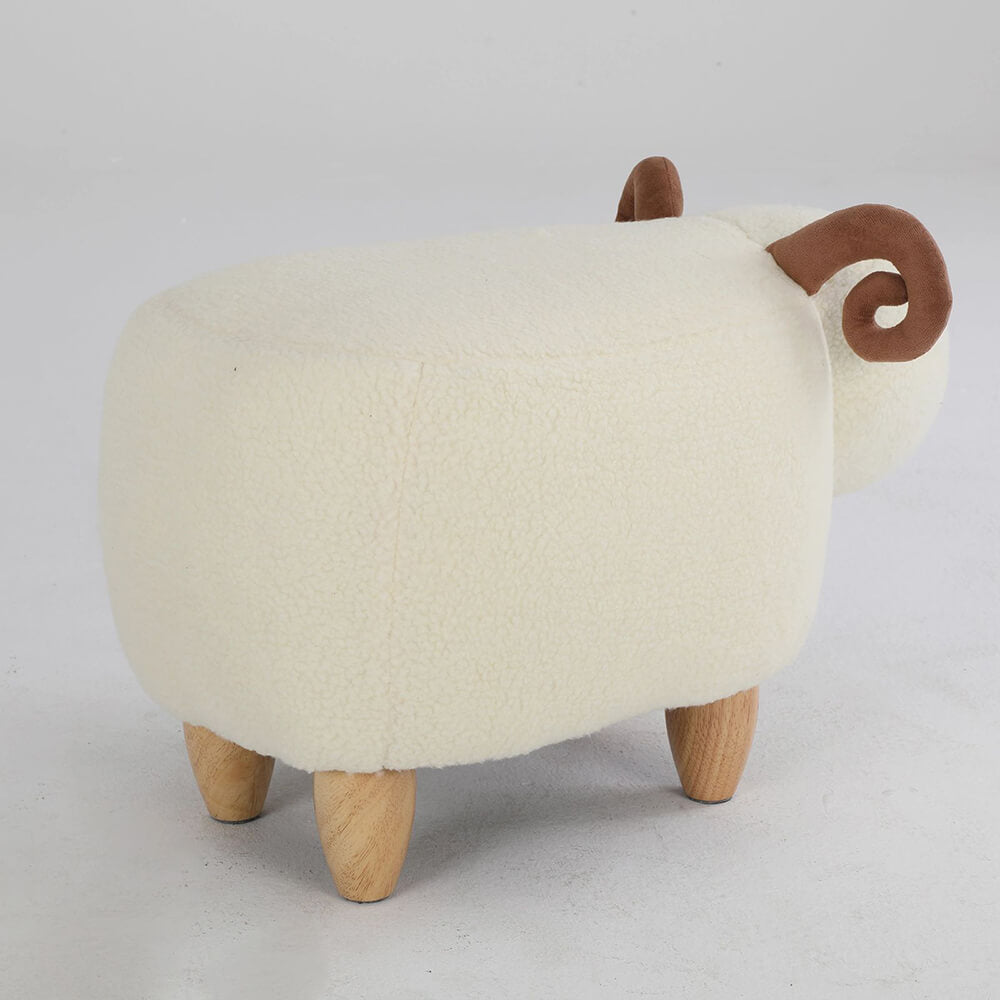 Close-up of the footstools unique sheep shape, highlighting its fun design and plush texture.