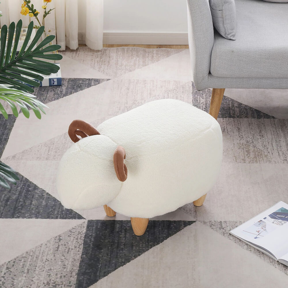 Front view of the Charming Sheep Footstool showcasing its soft lamb fleece material.