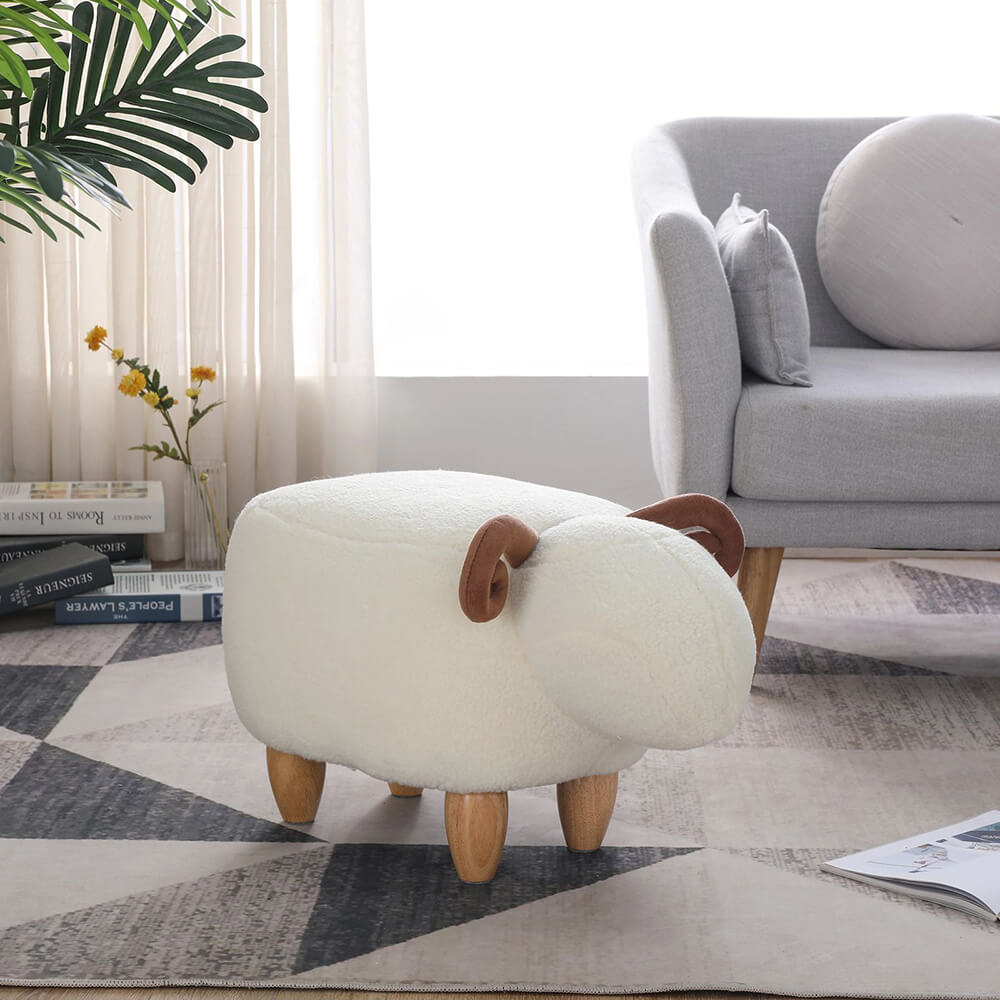 Front view of the Charming Sheep Footstool showcasing its soft lamb fleece material.