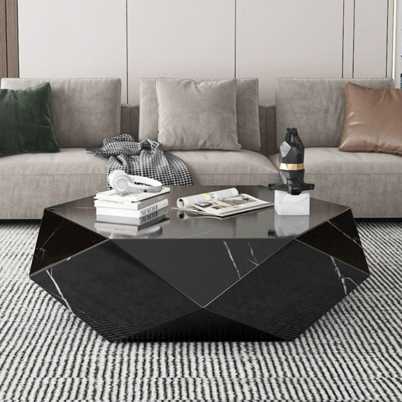 Elegant diamond-shaped marble coffee table from the top angle, showcasing its glossy finish.