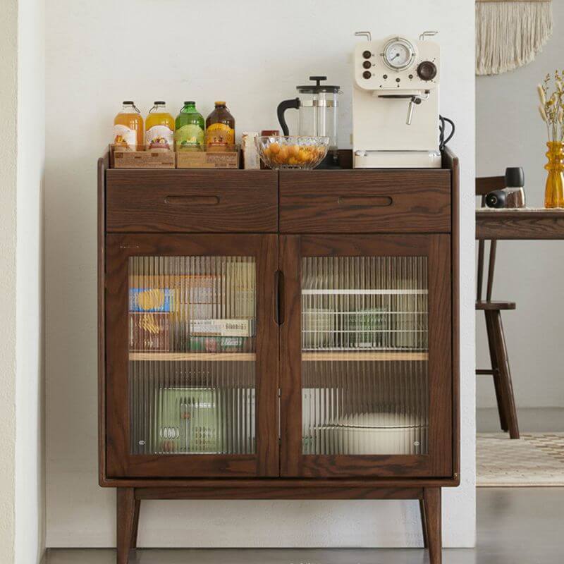 Front view of the Espresso Mid-Century Modern Buffet Cabinet showcasing glass doors and wooden finish.