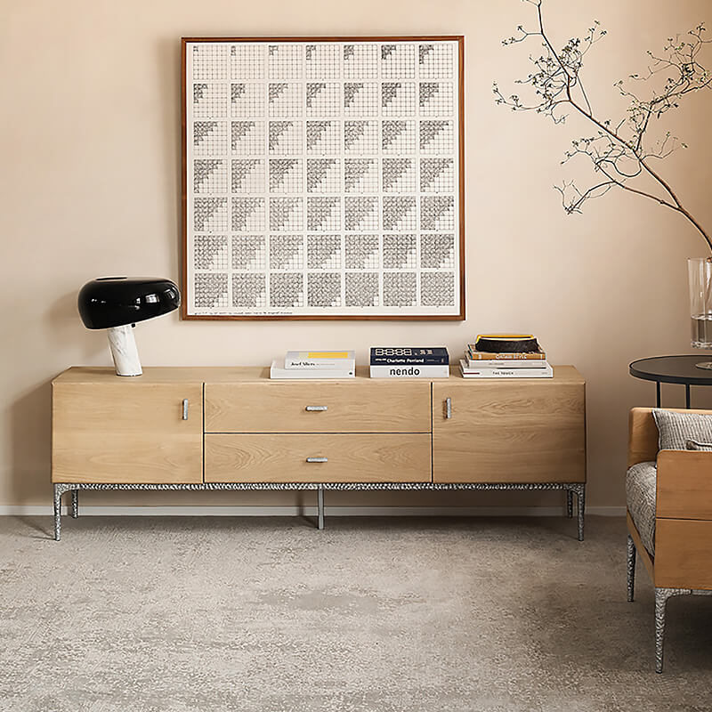 Elegant French Oak Media Console with metallic legs and spacious drawers.