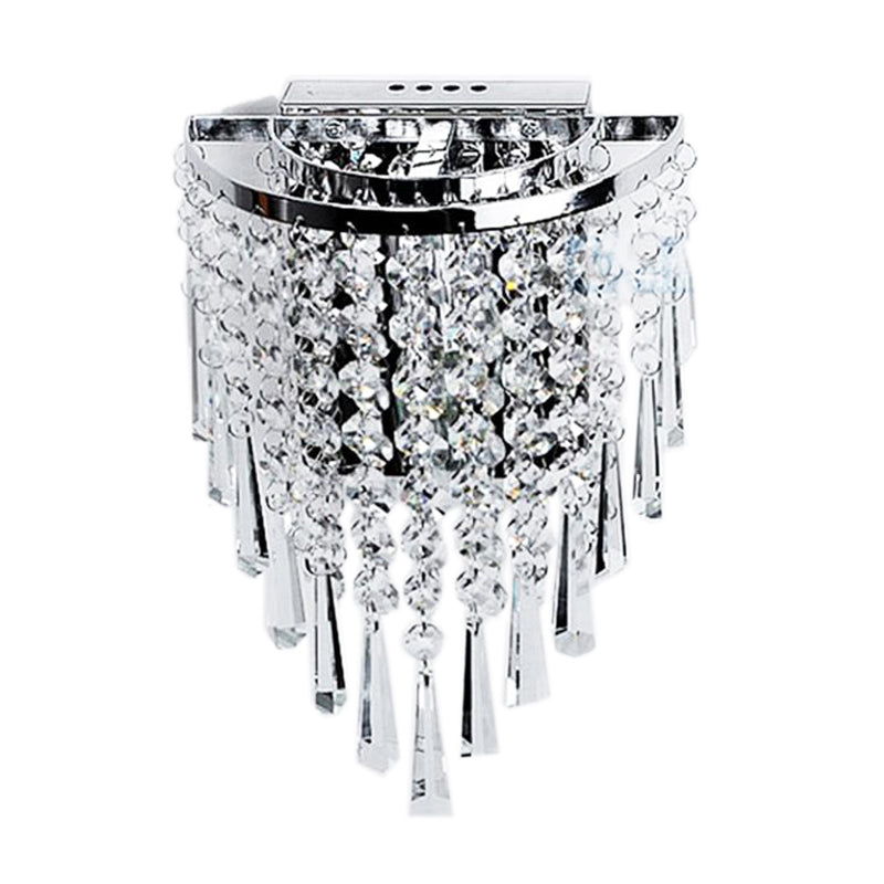 Elegant chrome crystal drop wall sconce showcasing its intricate design from a side angle.