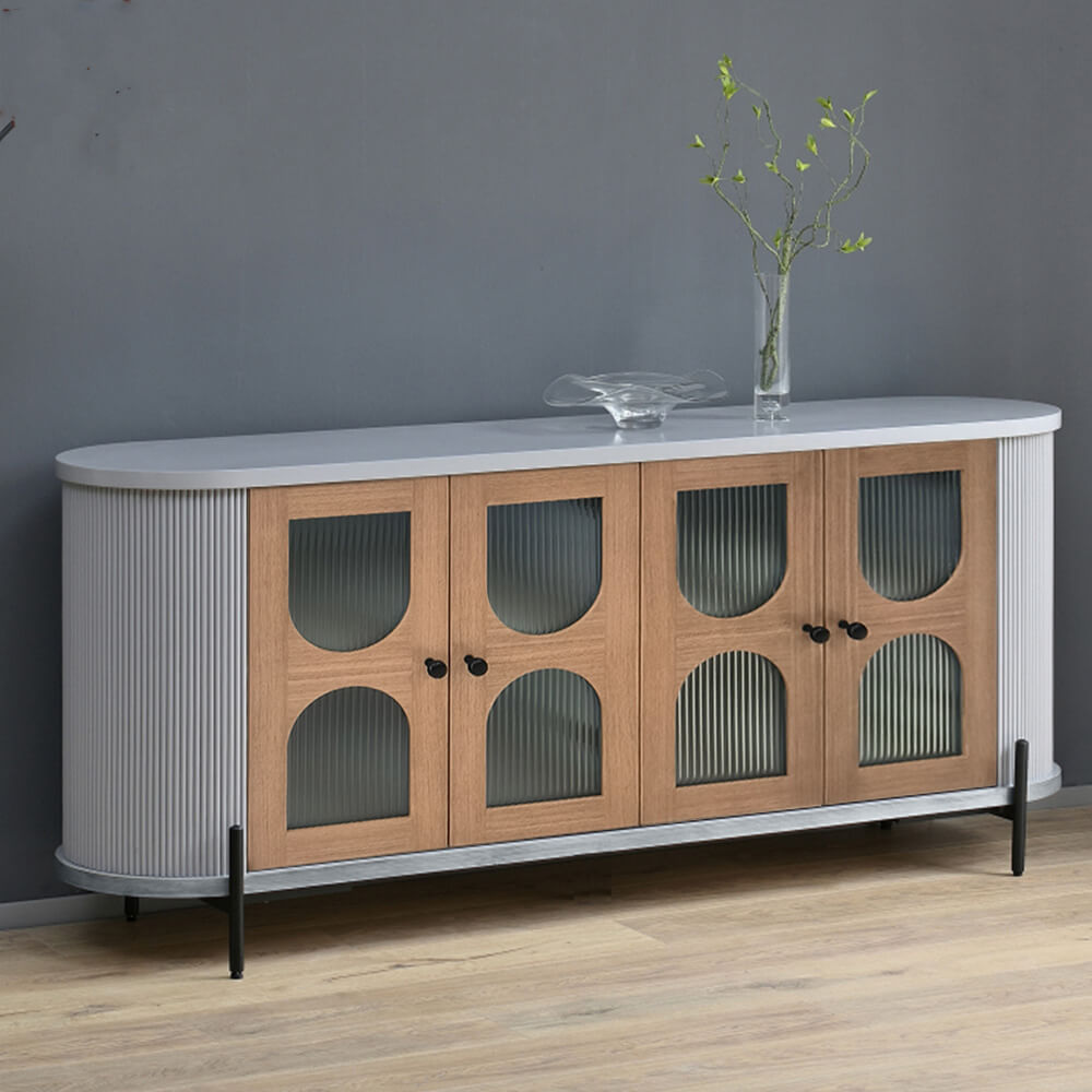 Front view of the Modern Oak Sideboard Buffet showcasing its elegant glass doors and oak veneer finish.