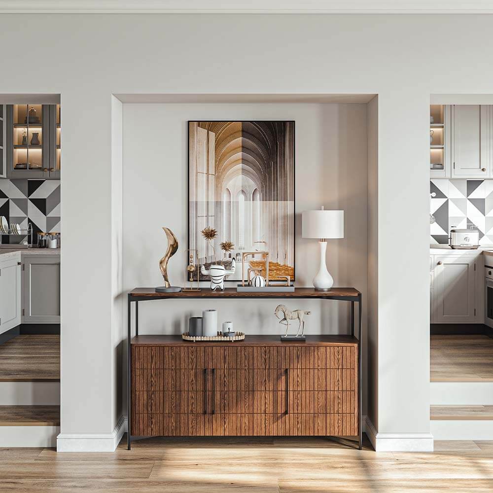 Front view of the Italian design walnut sideboard buffet showcasing its geometric panel design.