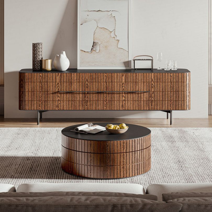 Elegant Italian swivel top coffee table from a side angle, highlighting its unique design and walnut finish.