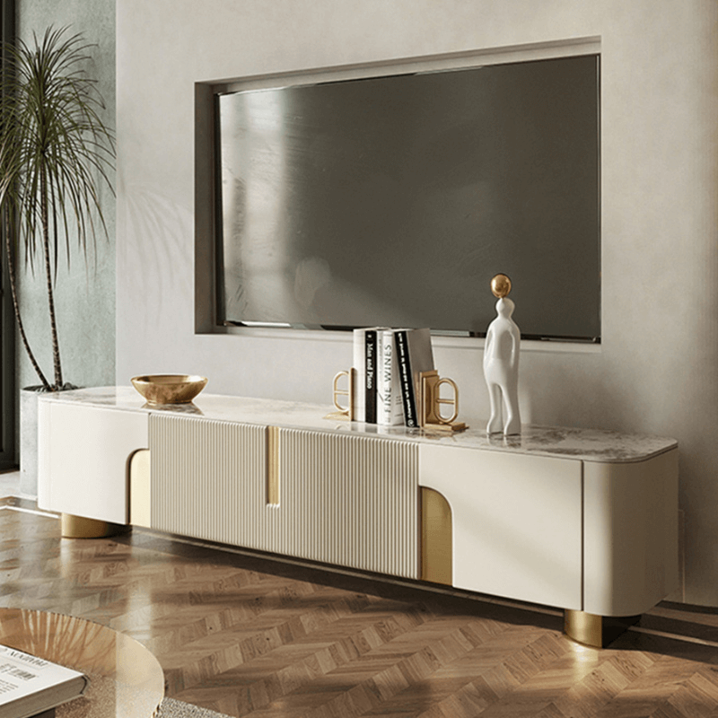 Front view of the chic beige storage TV stand showcasing its elegant design and storage capacity.