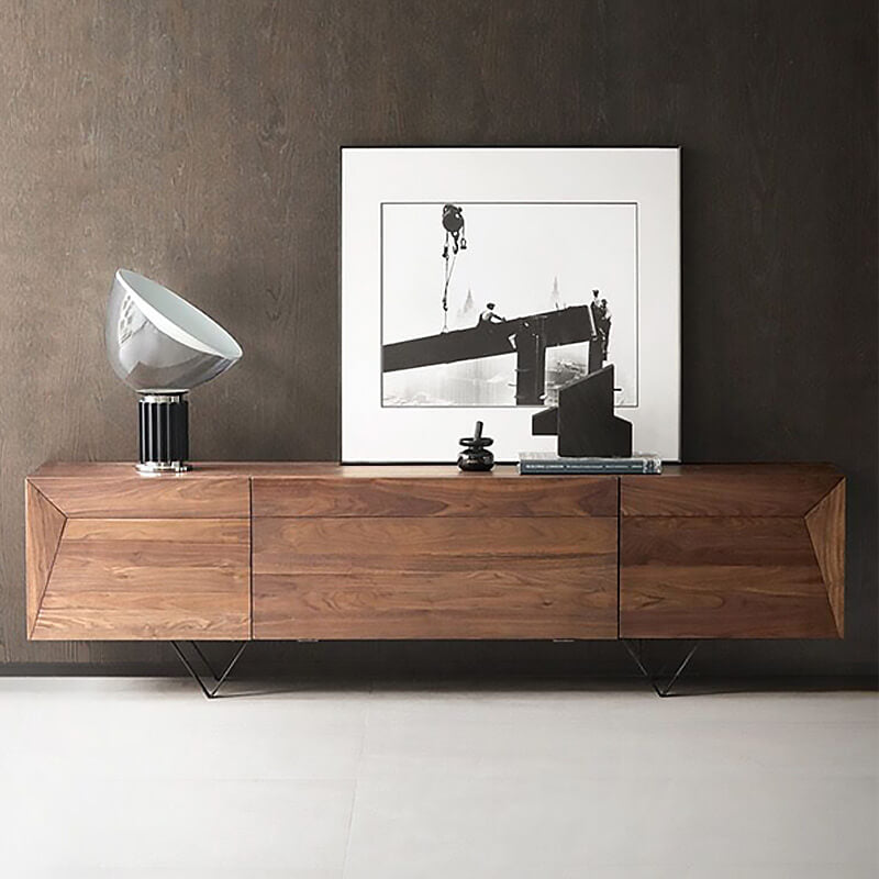 Front view of solid wood TV stand with drawers showcasing walnut cabinet finish
