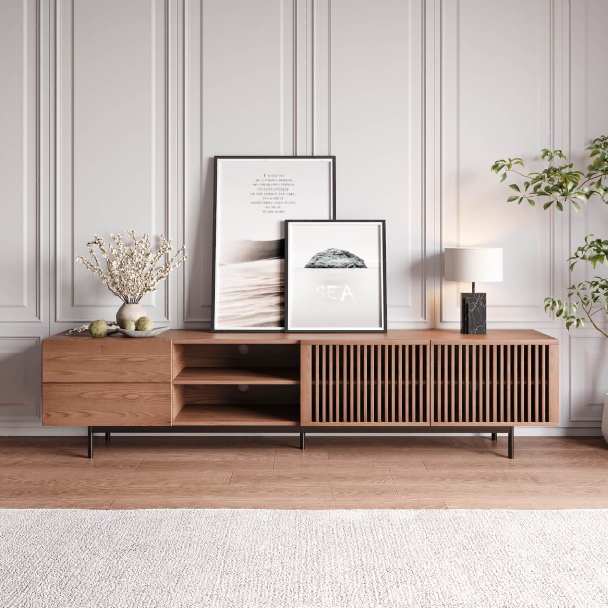 Side view of the Elegant Slatted Door Wooden TV Stand highlighting the slatted door design.