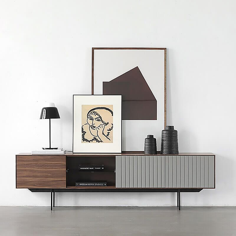 Front view of mid century tv stand showing drawers, shelves, and walnut finish