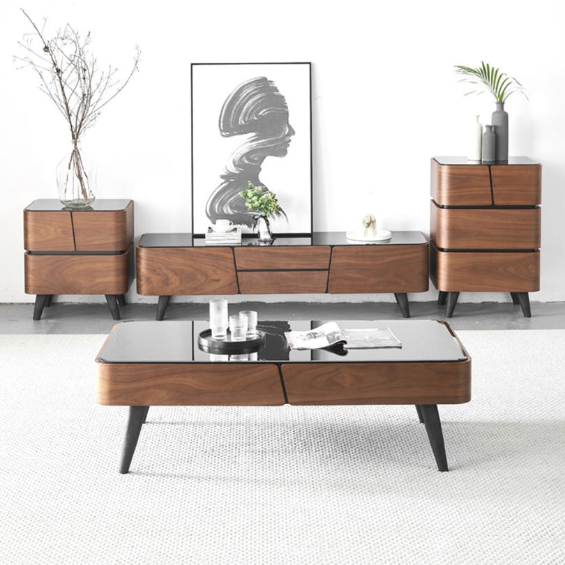 Overhead view of the tempered glass table showcasing dual wood tones and drawer storage