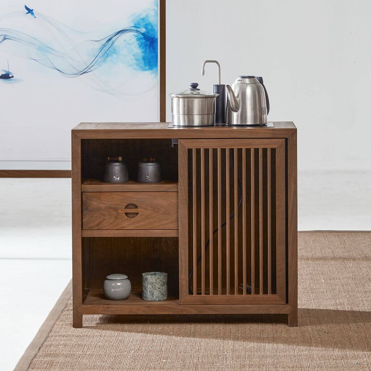 Front view of the versatile mid-century walnut sideboard, highlighting its elegant slats and storage options.