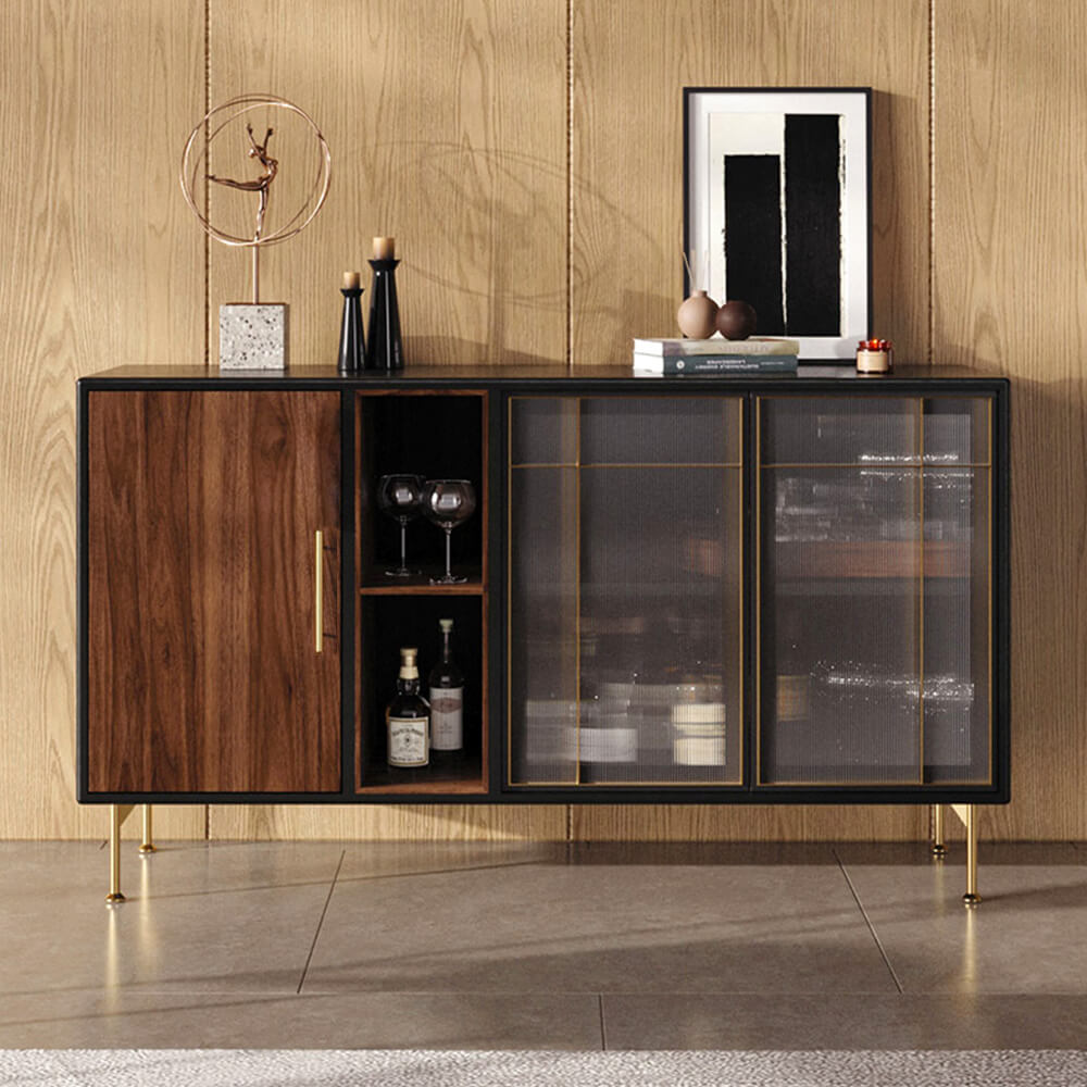 Elegant mid century modern walnut sideboard buffet showcasing its color-blocking design from an angled view.