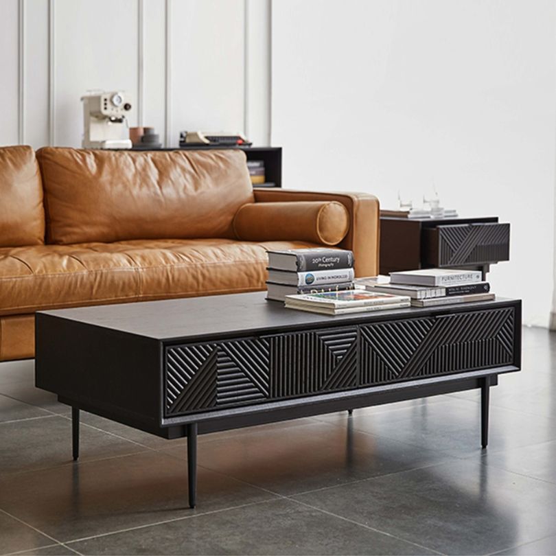 Elegant minimalist solid wood coffee table with storage, angled view showcasing its design and storage capabilities.
