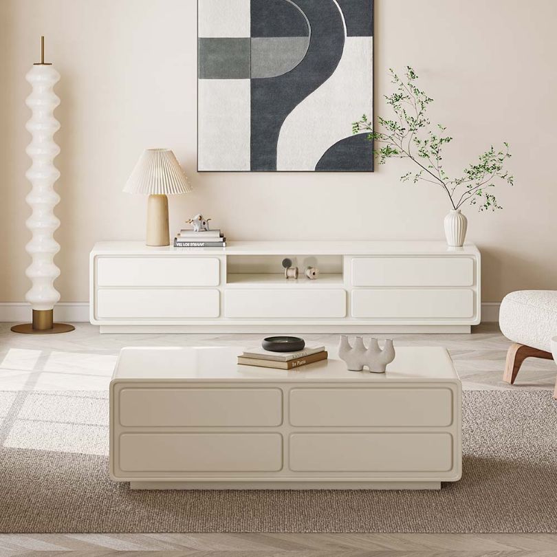 Close-up of the drawer handles on the minimalist French coffee table.
