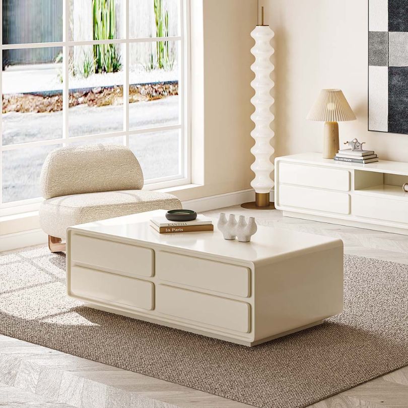 Elegant French coffee table with eight drawers, showcasing its modern design.