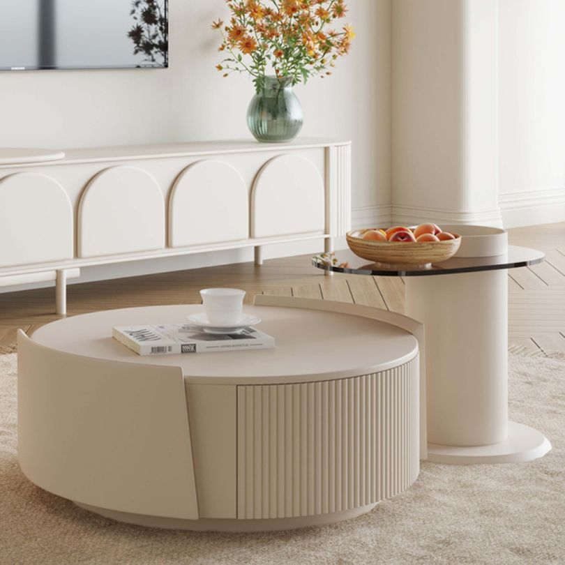 Close-up of the Nordic coffee table set, highlighting the matte paint and glass details.