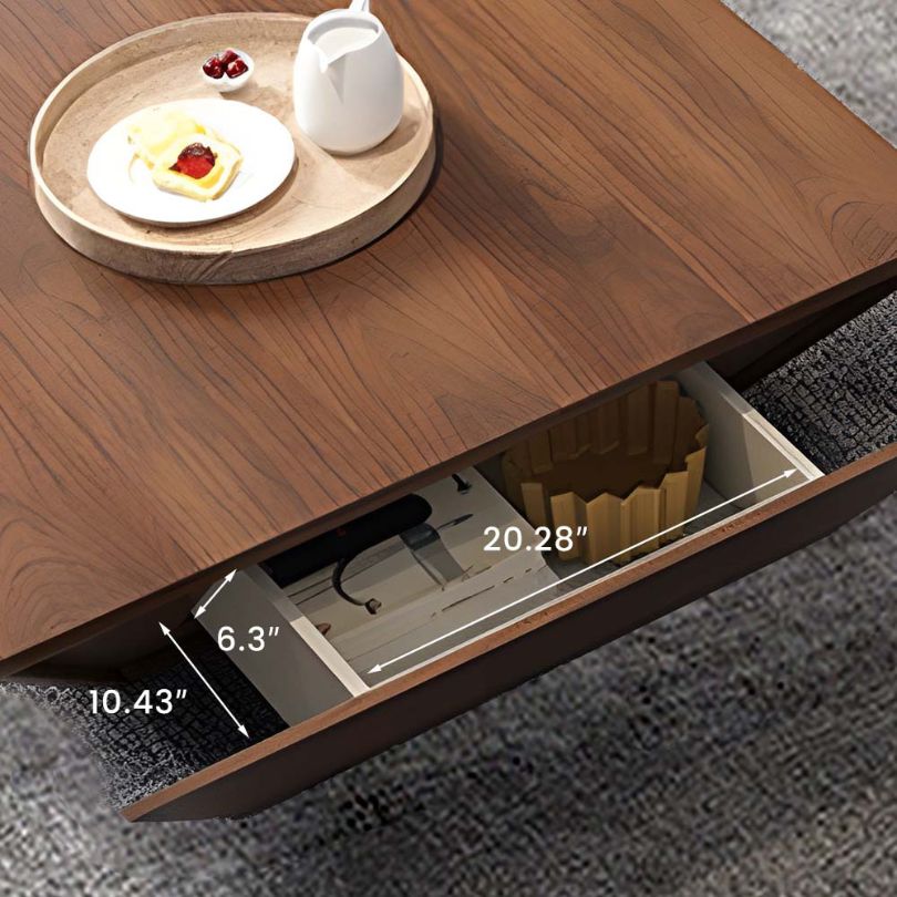 Side view of the modern geometric walnut coffee table showcasing its trapezoidal design and smooth finish.