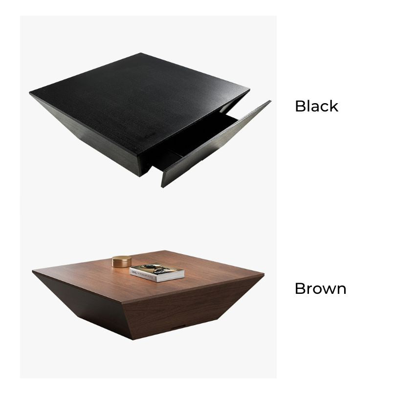 Side view of the modern geometric walnut coffee table showcasing its trapezoidal design and smooth finish.