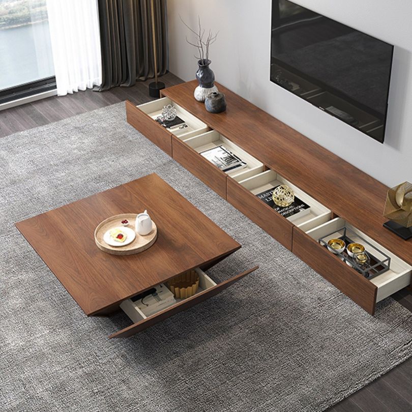 Close-up of the walnut coffee tables surface, emphasizing the high-quality veneer and modern aesthetics.