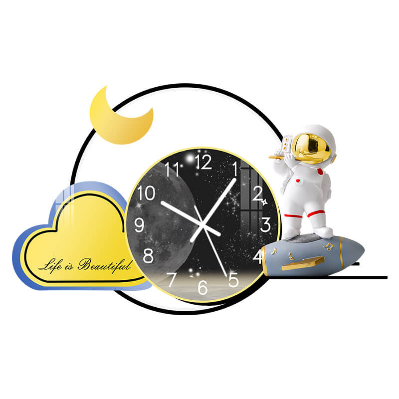Side view of the astronaut 3D LED decorative wall clock installed in a cozy living room.