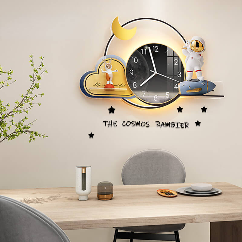Astronaut 3D LED wall clock displayed in a modern office setting, highlighting its stylish design.