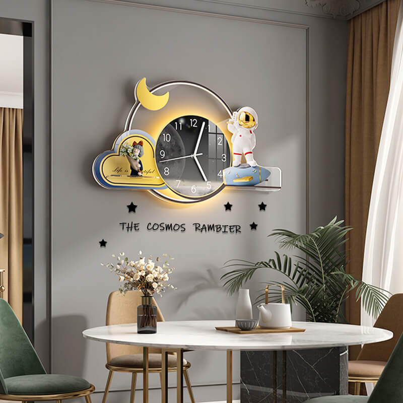 Side view of the astronaut 3D LED decorative wall clock installed in a cozy living room.