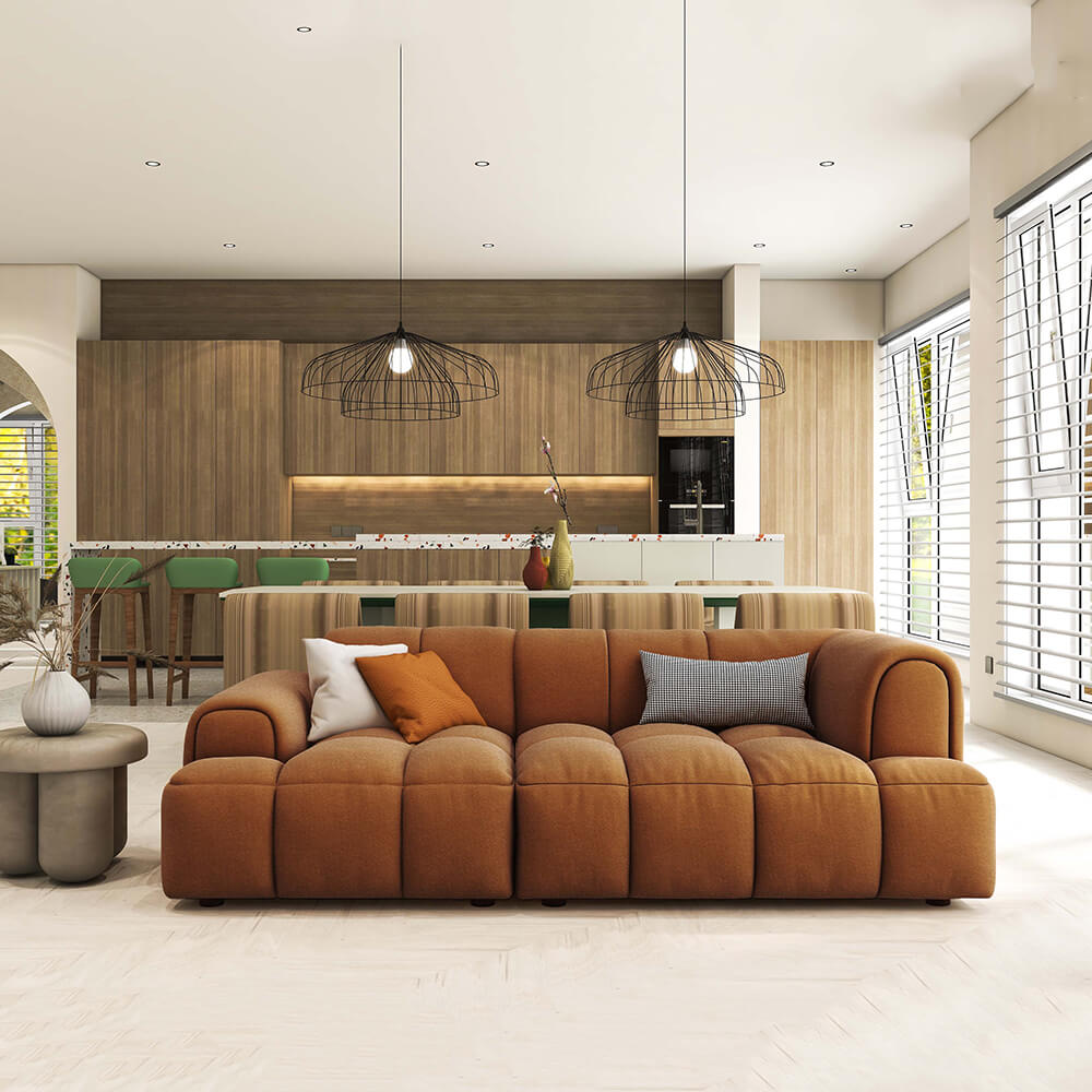 Front view of CloudNest 3 seater couch with pillows in brown cat scratch fabric for modern living room