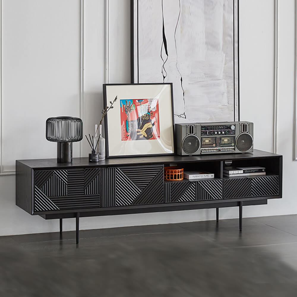 Sleek modern black TV cabinet showcasing shelves and drawers.
