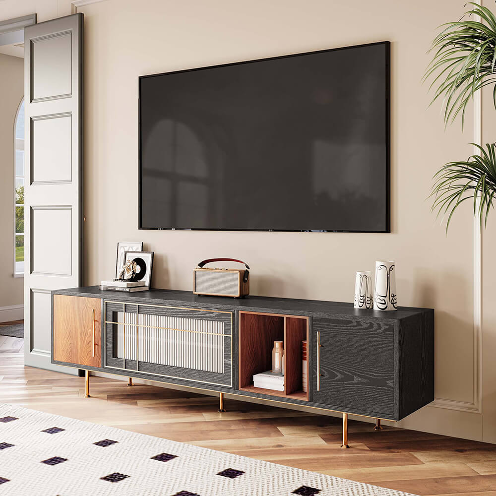Elegant black TV stand with glass doors showcasing its modern design and sturdy construction.