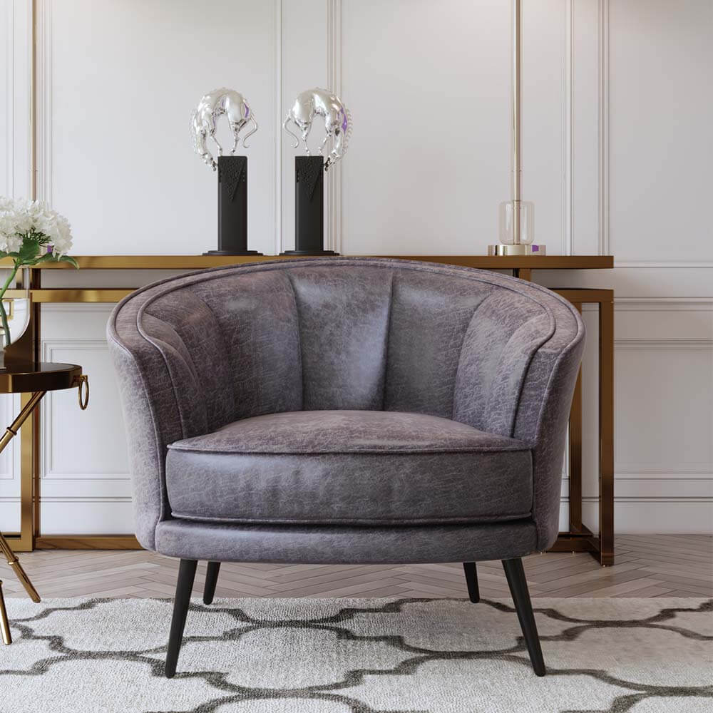 Elegant brown PU leather accent barrel chair showcasing its unique petal shape and seashell-inspired back design.