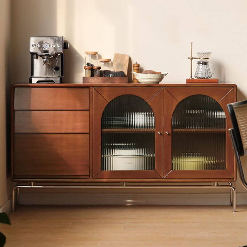 Side view of the elegant modern wooden sideboard showcasing its glass doors and metal base.