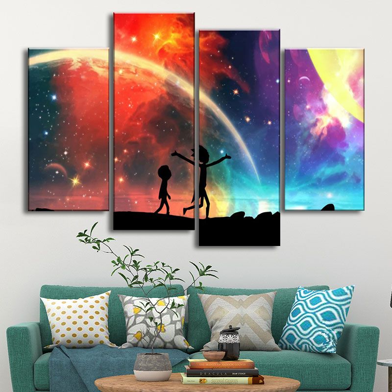 Frontal view of Disney planet canvas prints displayed in a child’s room, showing vibrant colors and playful design