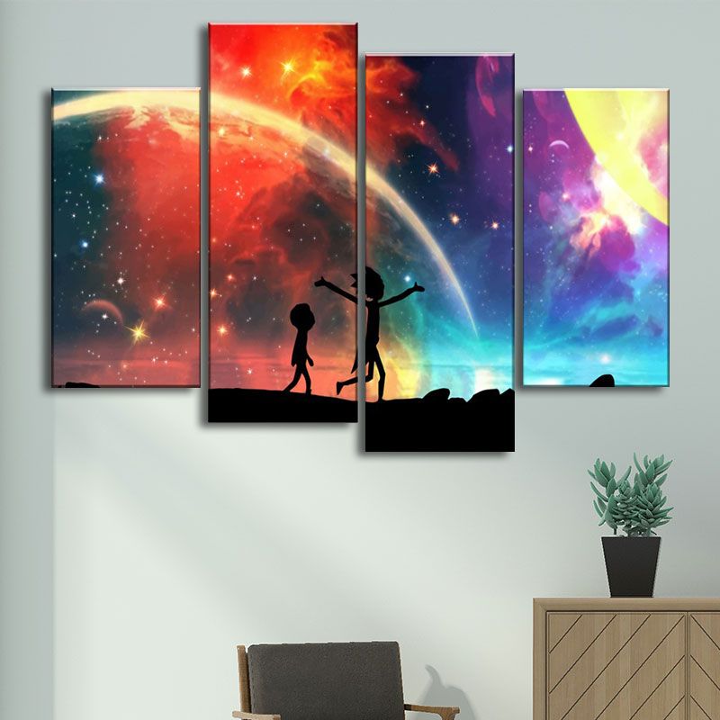 Wide angle of all four canvas pieces hung together in a modern bedroom setup, perfect for childrens art decor