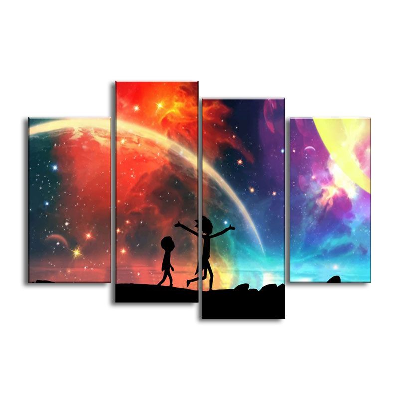 Frontal view of Disney planet canvas prints displayed in a child’s room, showing vibrant colors and playful design