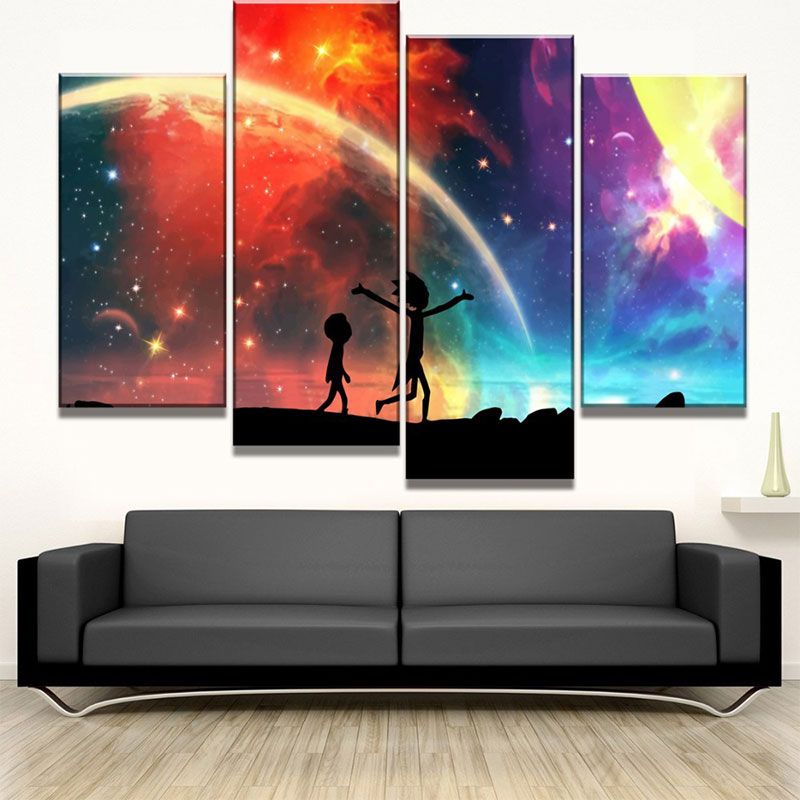 Close-up of textured canvas featuring Disney-style planets in multi-colored skies, emphasizing the high-quality material