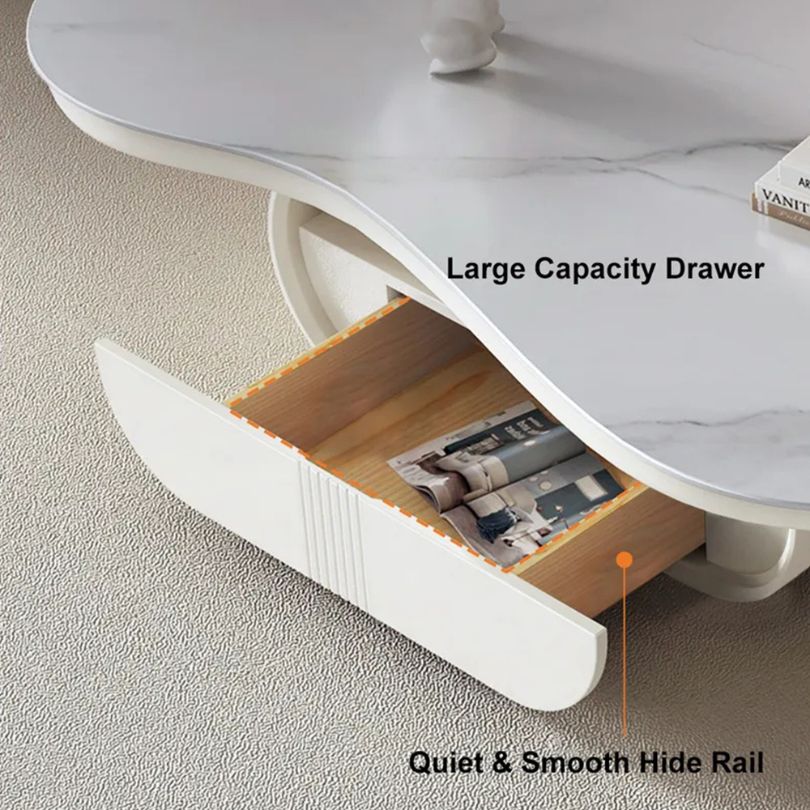 View of the modern coffee table in a living room setting, showcasing its spacious design.