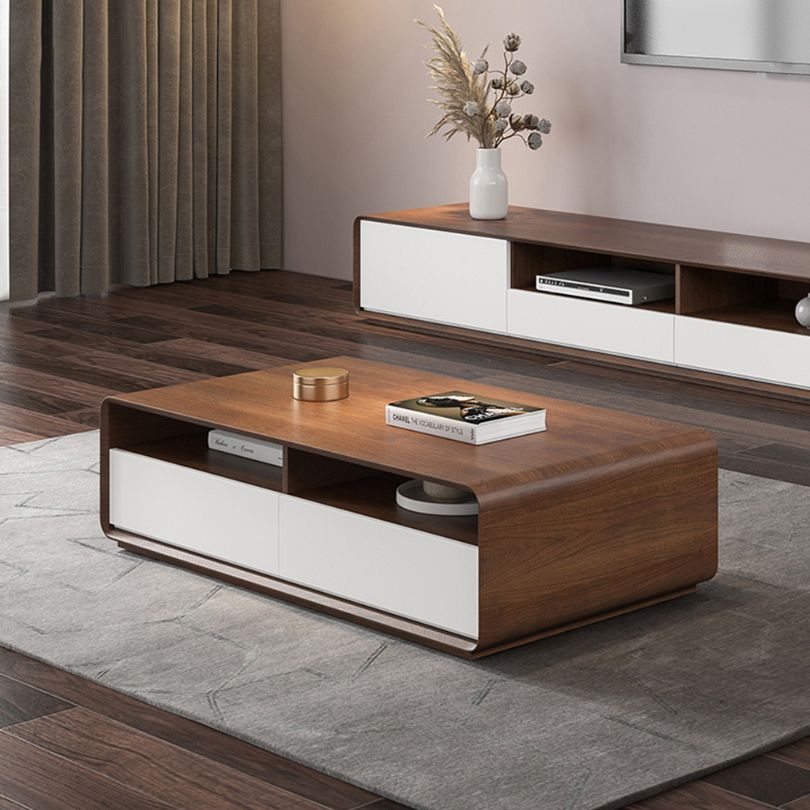 Front view of sleek modern coffee table with open shelf and drawers.