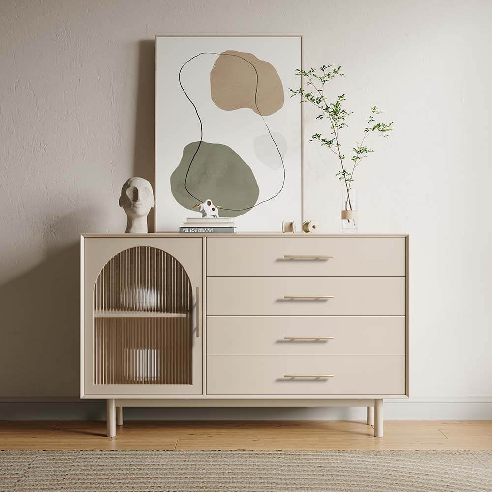 Elegant cream white sideboard buffet with glass door from the front view, showcasing its sleek design.