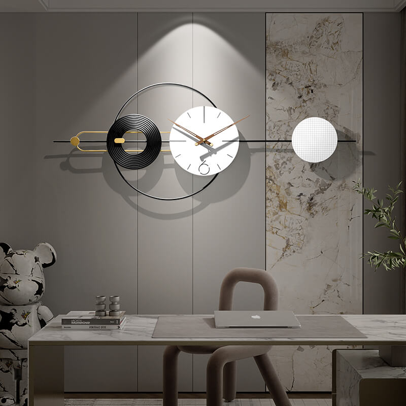 Close-up of the luxury geometric oversized minimalist wall clock on a modern wall.