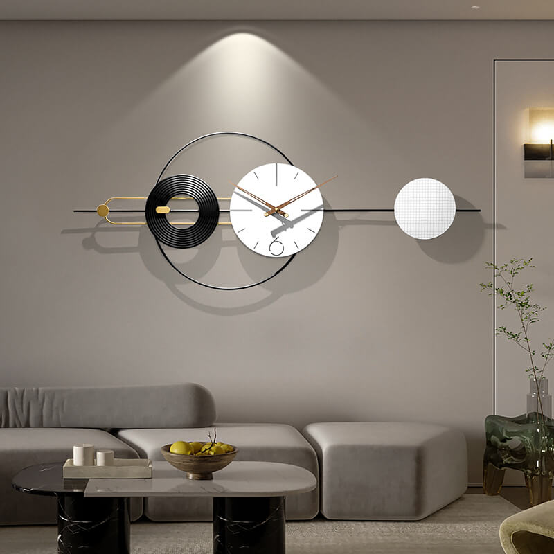 Elegant view of the oversized minimalist wall clock in a stylish living room setting.