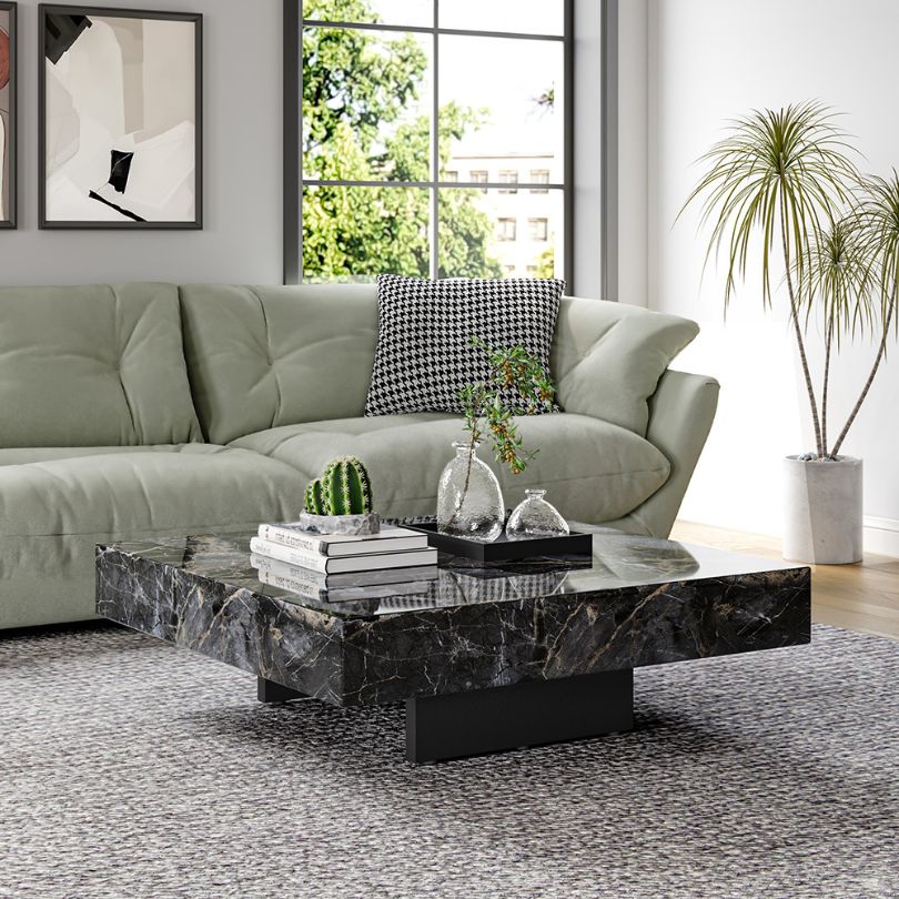 Elegant modern crystal square coffee table showcasing its spacious design and luxurious black finish.