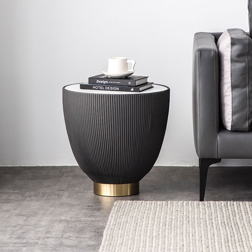 Front view of modern pedestal coffee table with PU leather and stone top